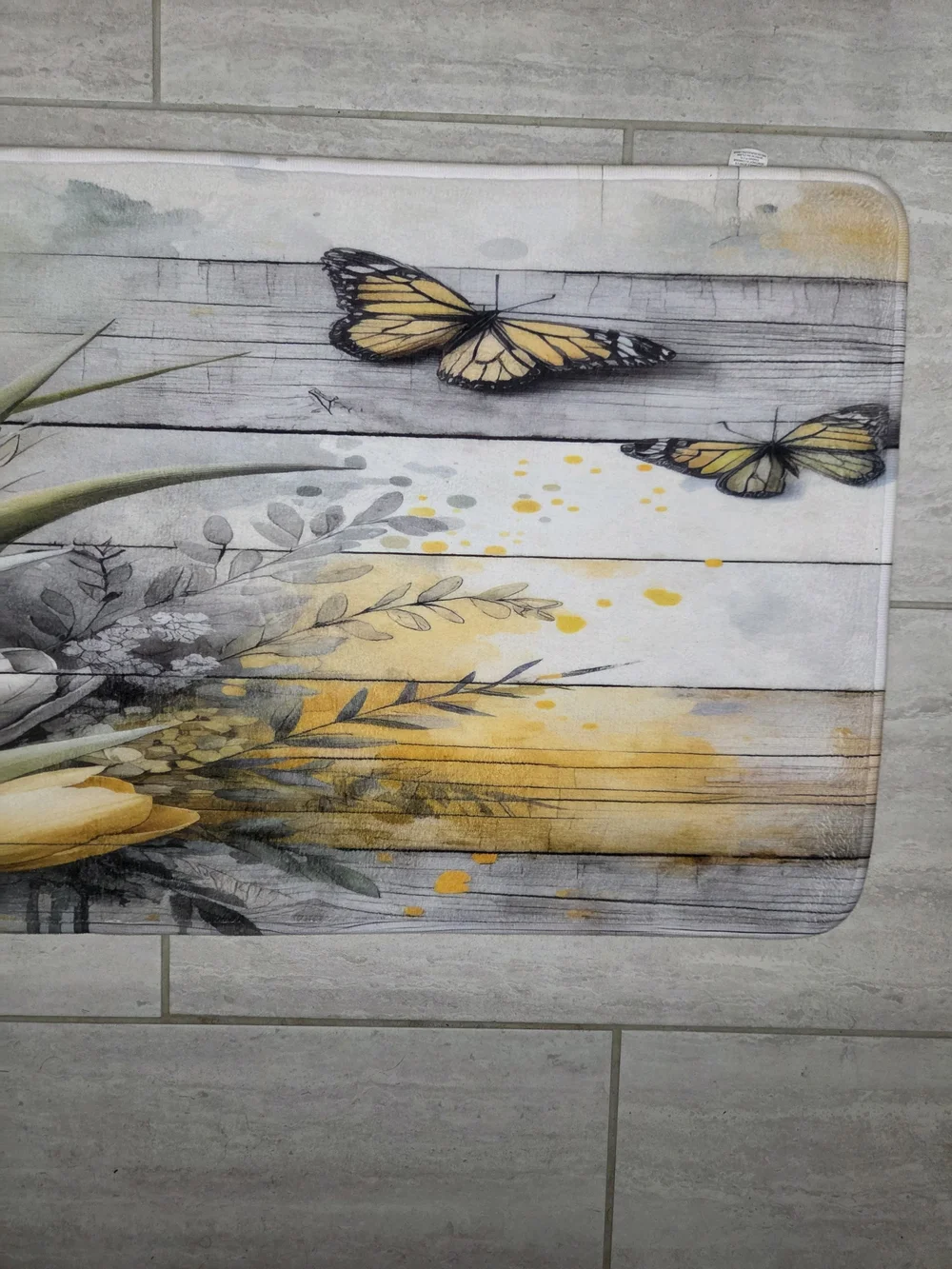 Floral Tulip and Butterfly Oversize Memory Foam Mat in Yellow and Gray